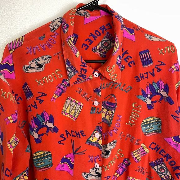 Womens Long Sleeve Silk Shirt Large Red Button Up Tribes Native American Sioux - Picture 10 of 11